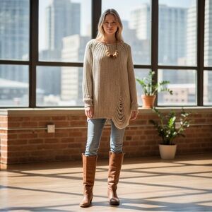 Pippa Lynn Distressed Chunky Knit Sweater One Size Beige Oversized Boho